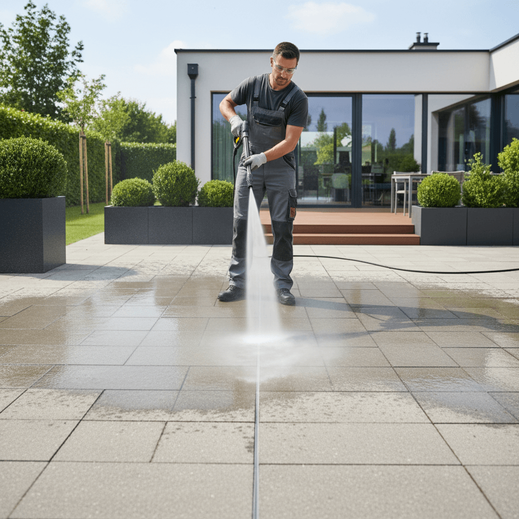 Technician pressure washing a stone patio in a residential backyard