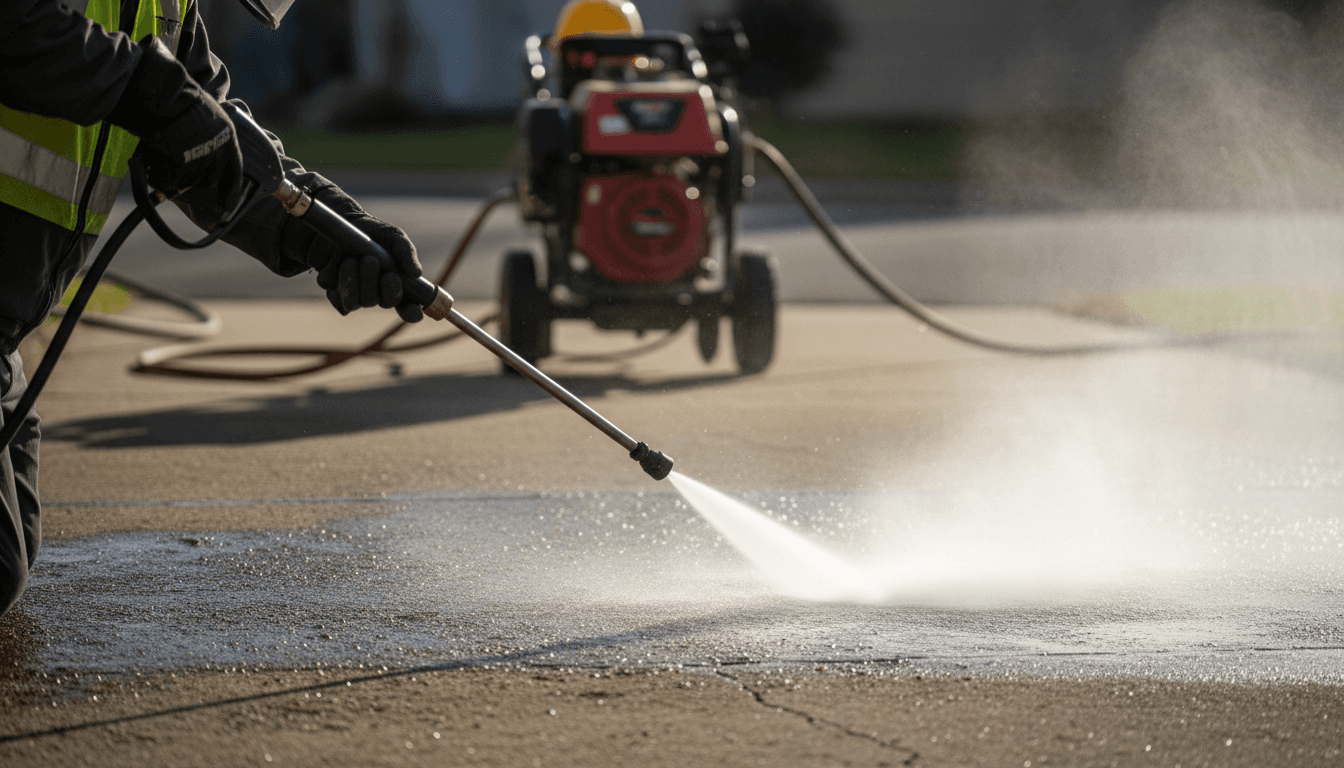 Pressure washing worker directing powerful water spray at stained concrete driveway, revealing clean surface beneath