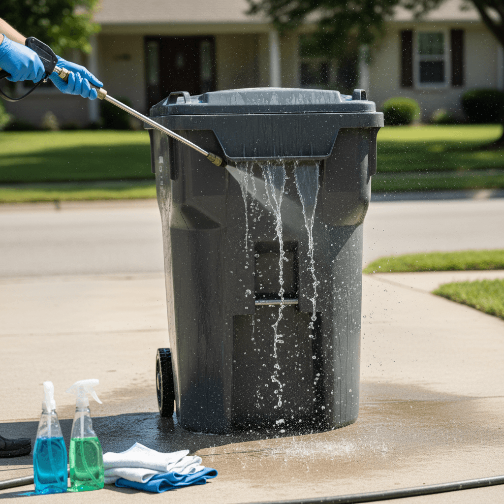 Gloved hand spraying pressurized water inside residential trash bin during professional deep cleaning and sanitization process