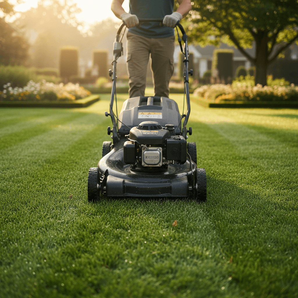 Landscaper operating commercial push mower across lush residential lawn in morning light, overhead close-up view