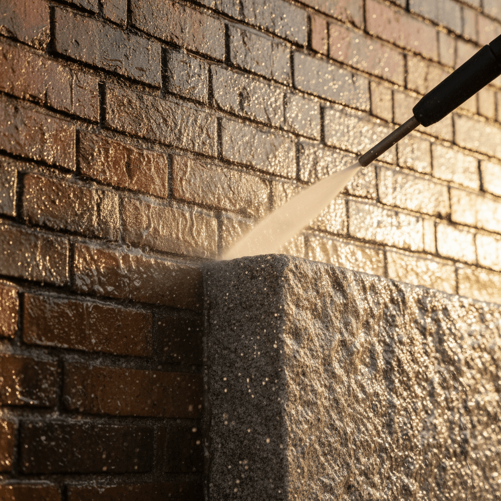 Professional pressure washing brick surface with water spray revealing clean restored area beneath accumulated grime