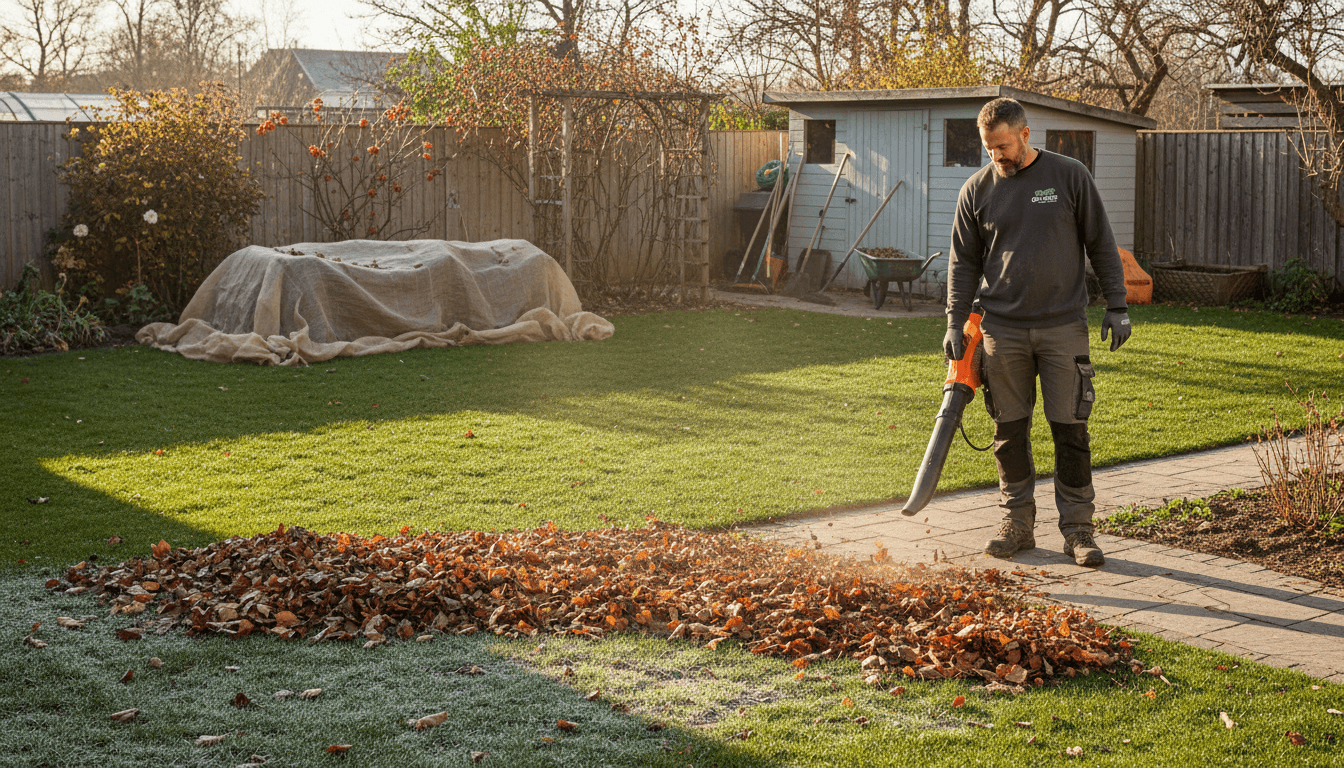 Professional yard detailing and cleaning in progress